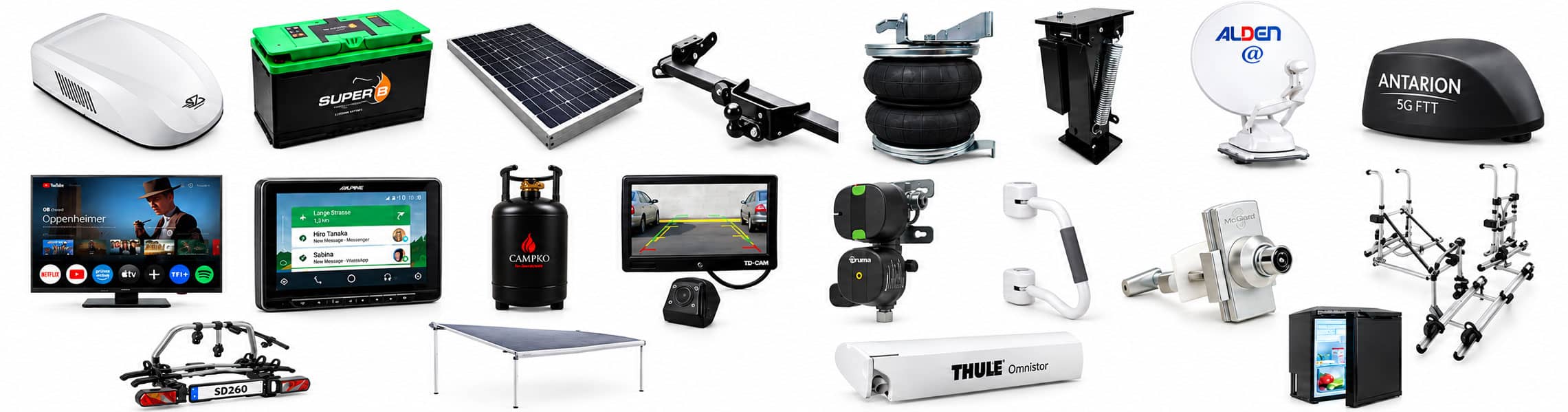 Accessoires camping-car posés à l’atelier : climatisation, batterie lithium, solaire, GPL, antenne, store